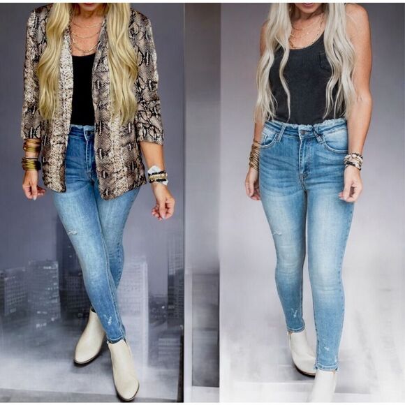 Risen High Rise Frayed Waist Vintage Wash Skinny Jeans Size 1XL - Picture 16 of 16